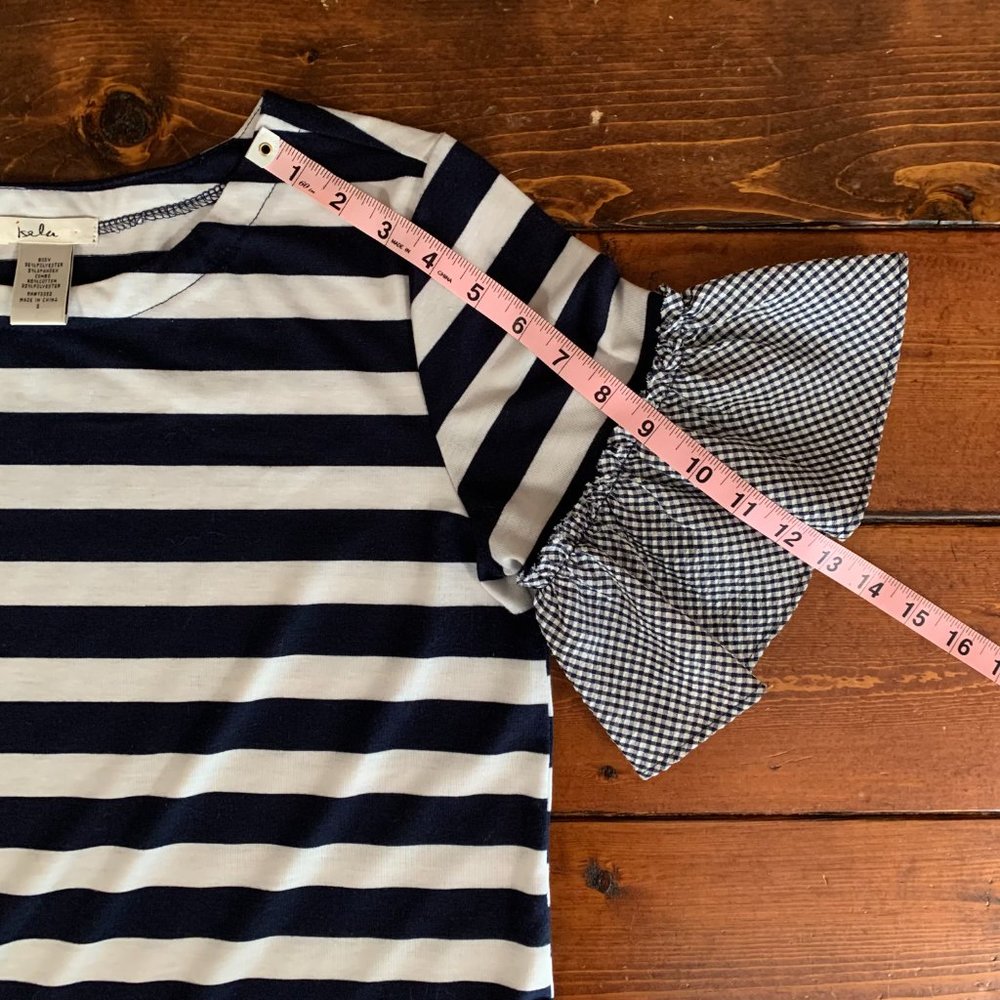 Women's Isela Navy and White Striped Gingham Nautical Ruffled Sleeves Blouse EUC - Picture 10 of 11